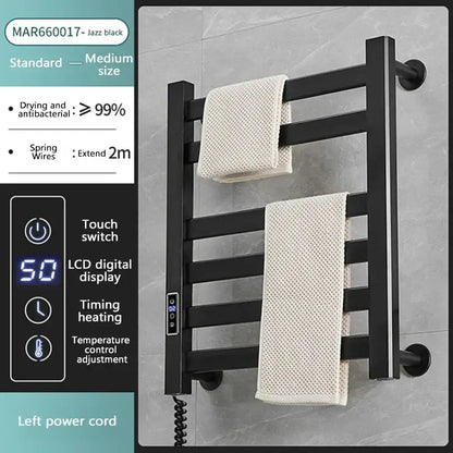 Modern white and gold electric towel radiator with bathroom storage shelf and black jazz electric towel radiator warmer with digital control