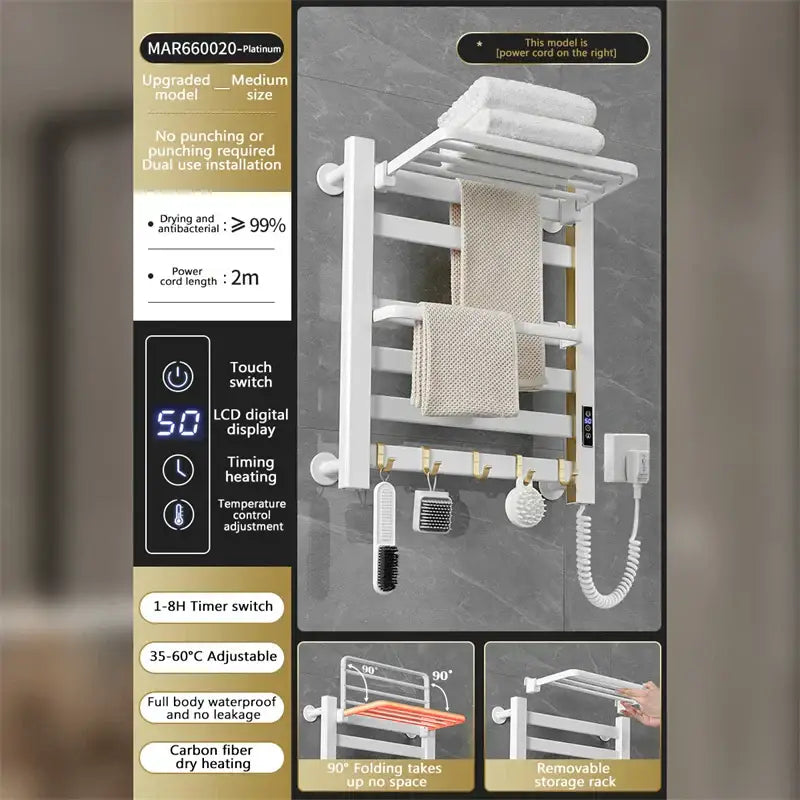 Modern white and gold electric towel radiator with carbon fiber heating elements and a digital display for bathroom storage