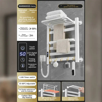 Modern white and gold electric towel radiator with carbon fiber heating elements and digital touch switch for bathroom use