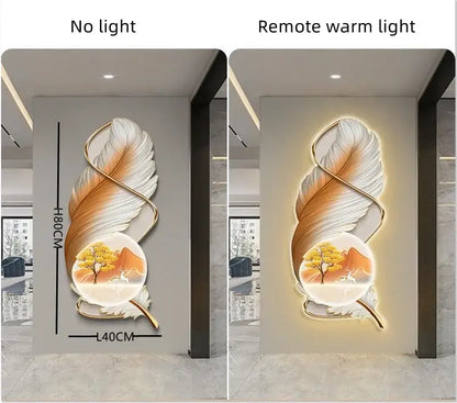 Modern white and gold feather led wall lamp with circular landscape scene illuminated for bedroom decor