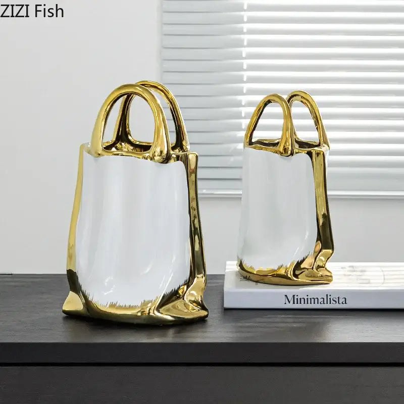 Modern white and gold handbag ceramic vase with glossy finish for living room decor featuring decorbites golden handbag design
