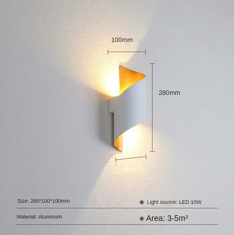 Modern white and gold outdoor wall lamp with a sleek aluminum spiral sconce design and warm LED lighting