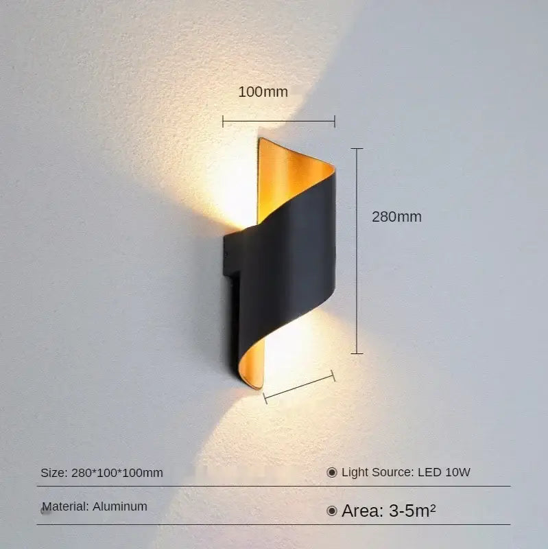 Modern black and gold aluminum outdoor wall lamp with a sleek twisted design for patio use