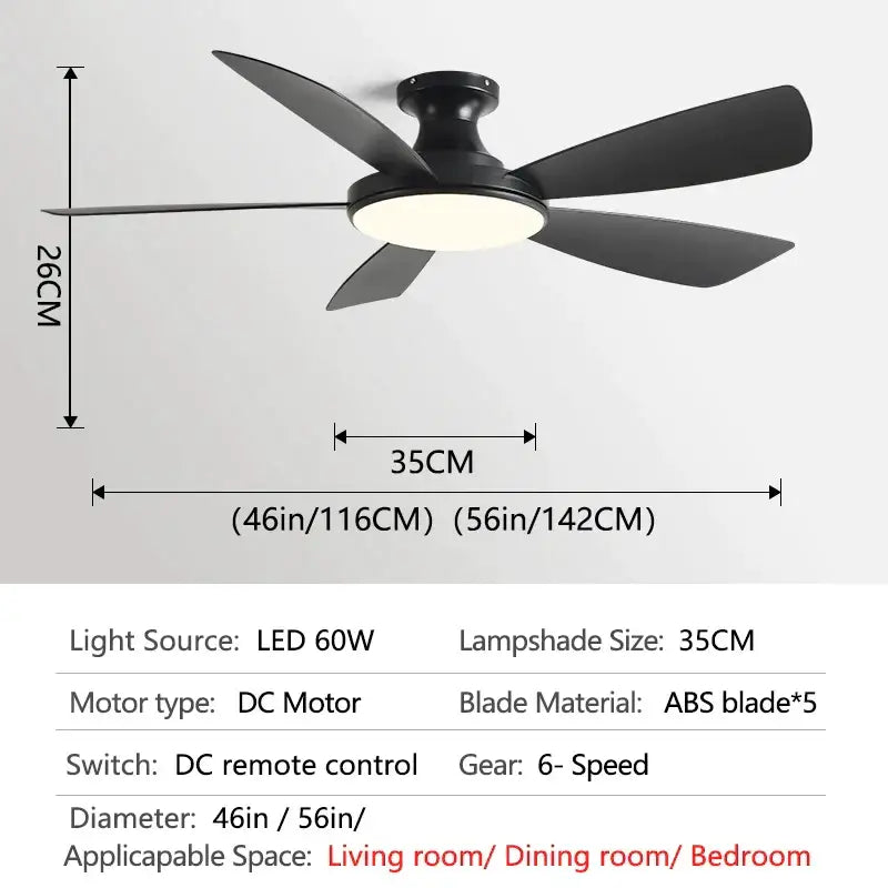 Modern white and light brown ceiling fan with five abs blades and integrated led light for bedroom use