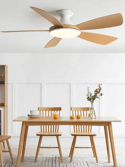 Modern ceiling fan with five light wood blades and white housing featuring integrated led light for bedroom use with remote control