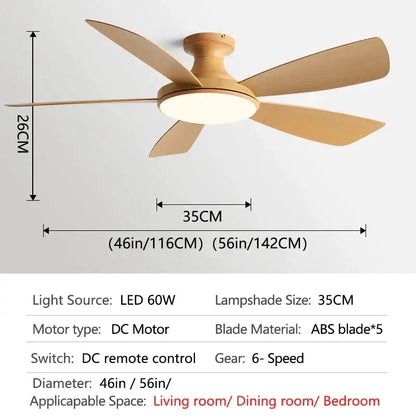 Modern ceiling fan with five matte-finished wooden blades and circular LED lampshade in white and light brown