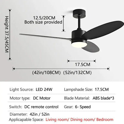 Black modern dc ceiling fan with three sleek abs blades and central led light for dining room with remote control