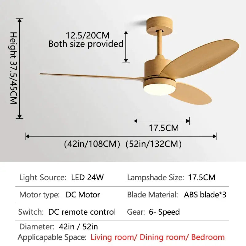 Modern white and light wood dc ceiling fan with three abs blades and integrated led light remote control for dining room