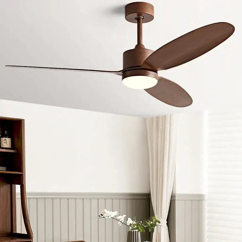 Modern white and light wood ceiling fan with three brown wooden blades, led light, and remote control for dining room