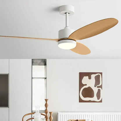 Modern white ceiling fan with three slender light wood blades, led light, and remote control for dining room use