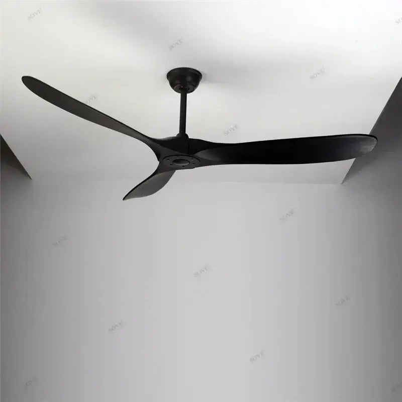 Black ceiling fan with sleek modern blades and minimalist design featuring remote control and wood dc ceiling technology