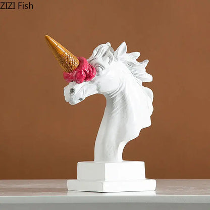 Modern white and pink ice cream horsehead statue with golden ice cream cone horn for living room decorbites ice cream decor