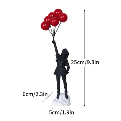 Black resin banksy girl balloon sculpture figure holding red balloons for modern living room decor