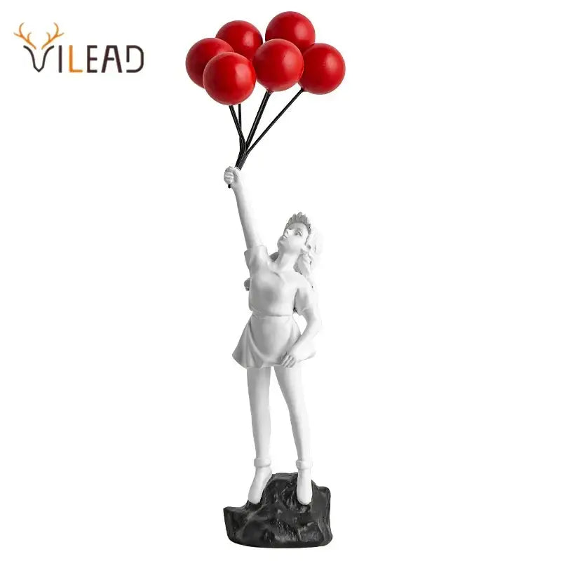 White resin banksy girl balloon sculpture holding red balloons modern decor for living room display