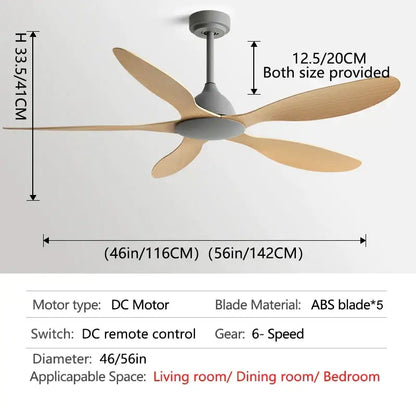 Modern white and wood 56-inch ceiling fan with five light wood abs blades and matte gray central housing for office use