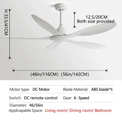 Modern white and wood 56-inch ceiling fan with five sleek abs blades and dc motor for office use