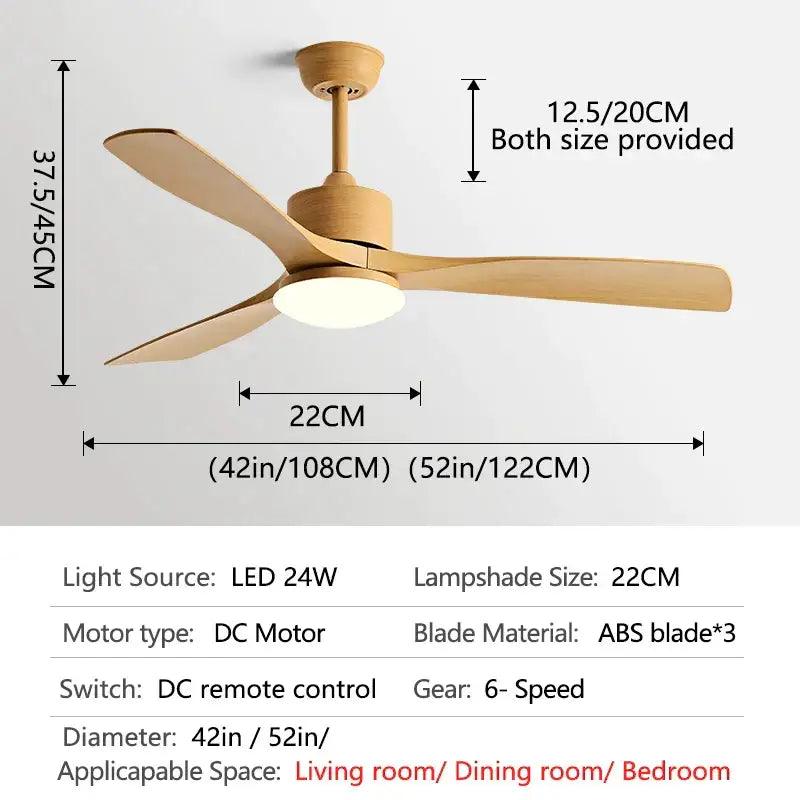Modern white and wood blade dc ceiling fan with abs plastic construction and led light for bedroom use with remote control