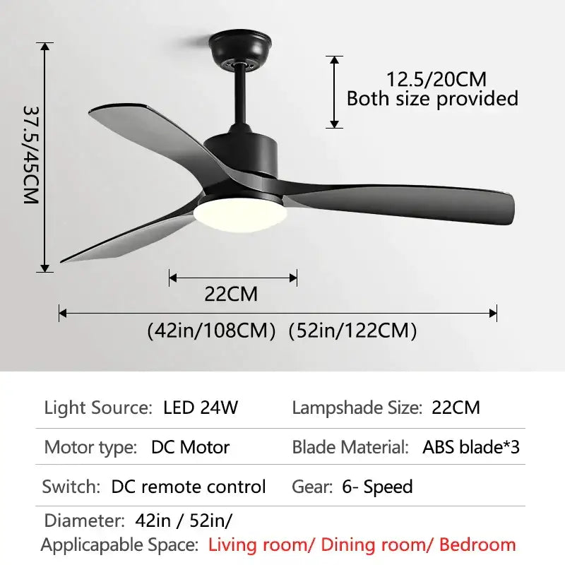 Modern black ceiling fan with three sleek abs blades and integrated led light for bedroom blade dc ceiling use with remote control