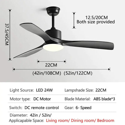 Modern black ceiling fan with three sleek abs blades and integrated led light for bedroom blade dc ceiling use with remote control