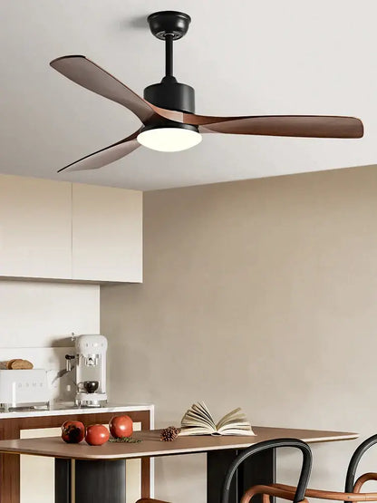 Modern black ceiling fan with three dark wood blades and central led light ideal for bedroom blade dc ceiling use with remote control