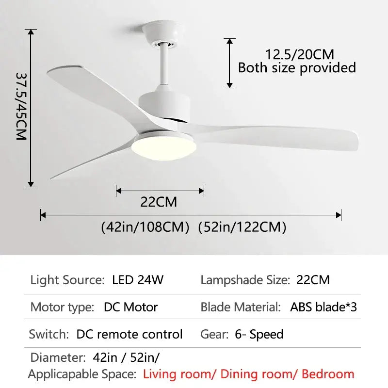 Modern white and wood blade dc ceiling fan with three sleek abs blades and built-in led light for bedroom use