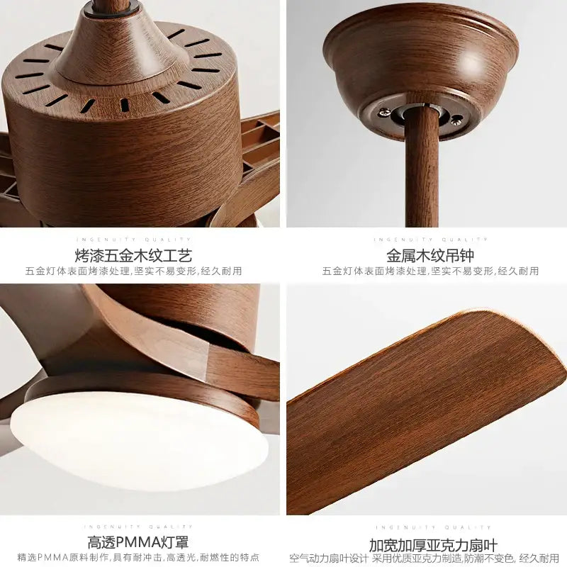 Modern ceiling fan with dark brown wooden finish, five thick acrylic blade dc ceiling and integrated LED light for bedroom use