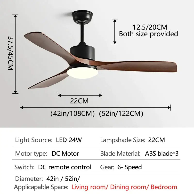 Modern black ceiling fan with three dark brown abs blades and built-in led light for bedroom blade dc ceiling fan use