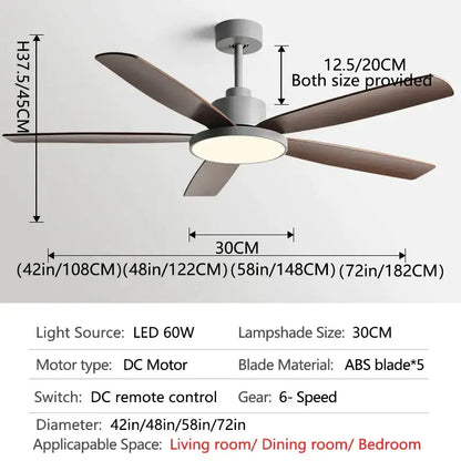 Modern ceiling fan with five dark brown ABS blades and gray housing featuring LED light for decorbites living bedroom ceiling