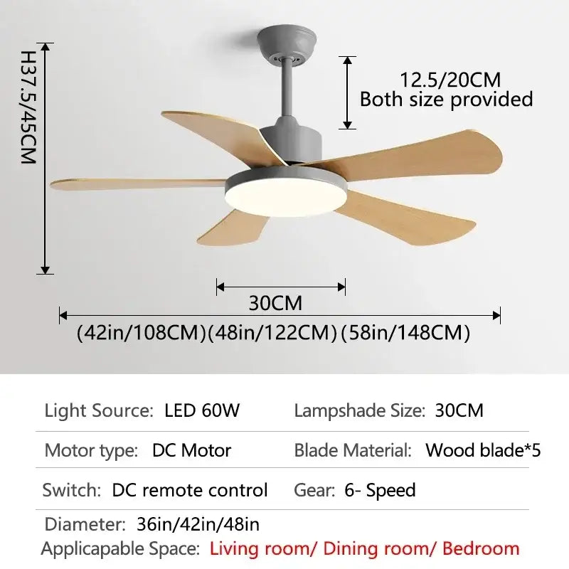 Modern white and wood ceiling fan with five light wooden blades and integrated led light for bedroom restaurant ceiling