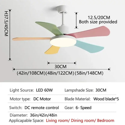 Pastel-colored wooden blade ceiling fan with integrated LED light for modern bedroom restaurant ceiling use