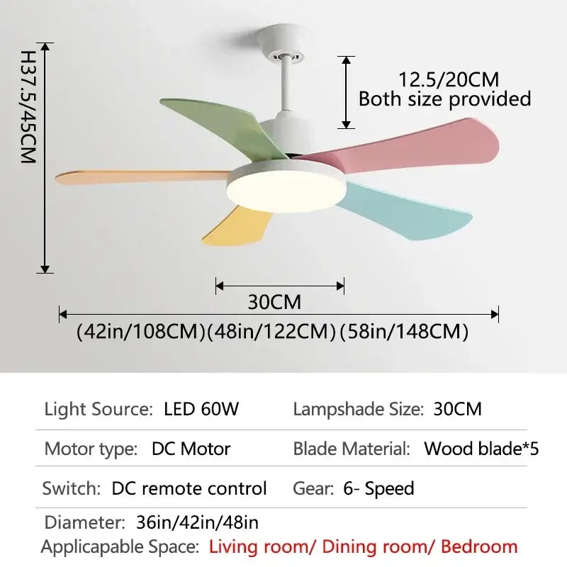 Pastel-colored wooden blade ceiling fan with integrated LED light for modern bedroom restaurant ceiling use