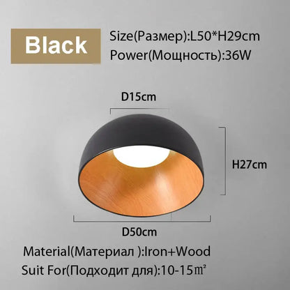Modern black dome ceiling light with wooden interior made of iron and wood ideal for duo ceiling kitchen lighting