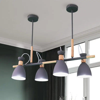 Modern gray metal island pendant light with wooden accents and adjustable led design for dining room lighting