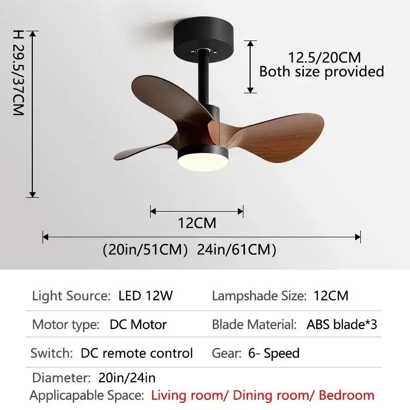Modern white and wood mini ceiling fan with three dark wood abs blades black motor housing and integrated led light