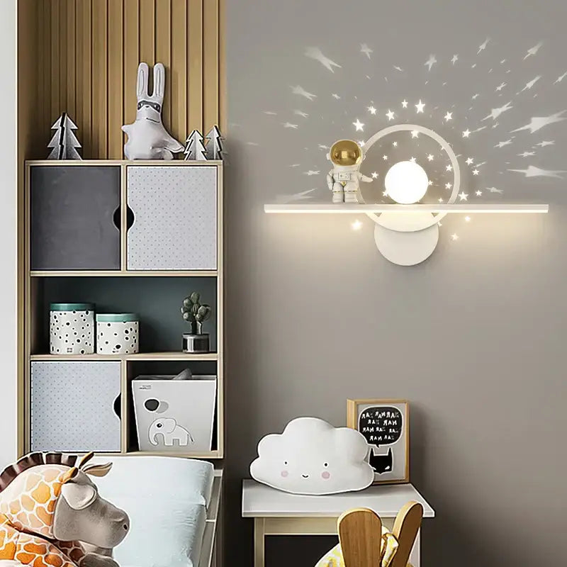 Modern white astronaut moon wall lamp with star and moon projection design for children’s bedroom decorbites astronaut moon