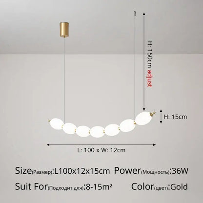 Modern white bead nordic chandelier with gold-finished pendant light and curved row of seven frosted glass orbs suspension