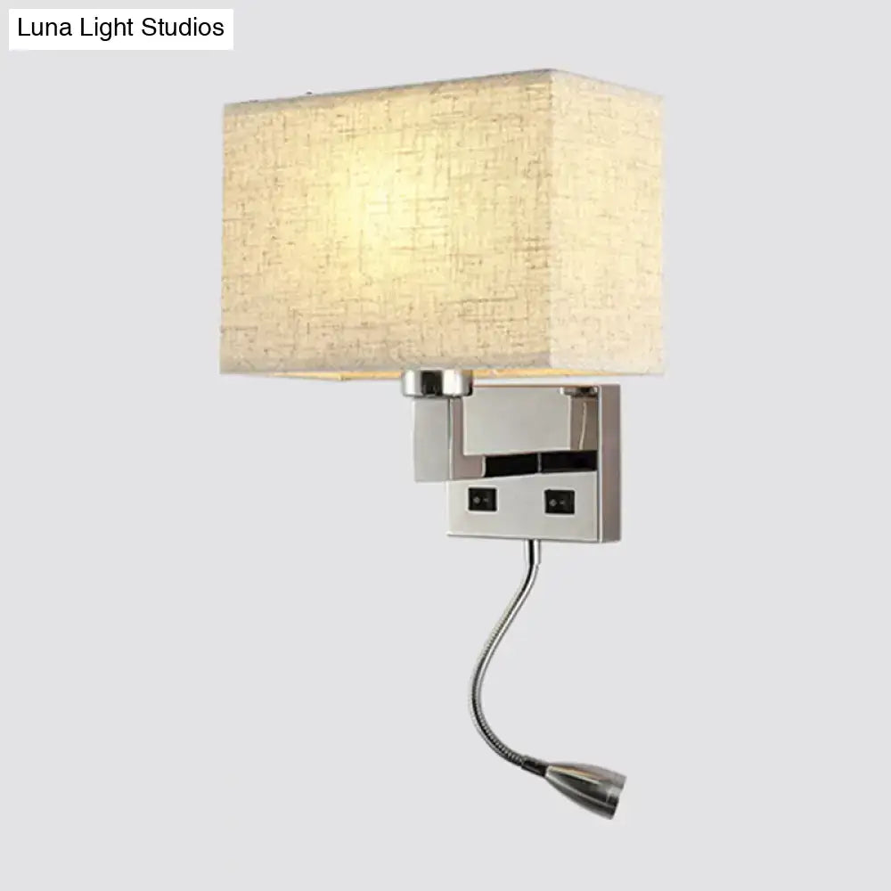Modern white and beige fabric wall light kit with rectangular sconce, chrome base, and adjustable gooseneck reading light