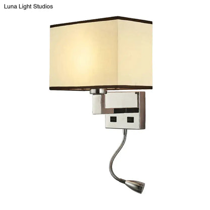 Modern rectangular wall light kit with cream fabric shade chrome base and adjustable gooseneck reading light for bedroom