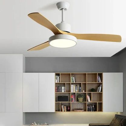 Modern ceiling fan with three light wooden blades white black housing and blade copper motor for bedroom use