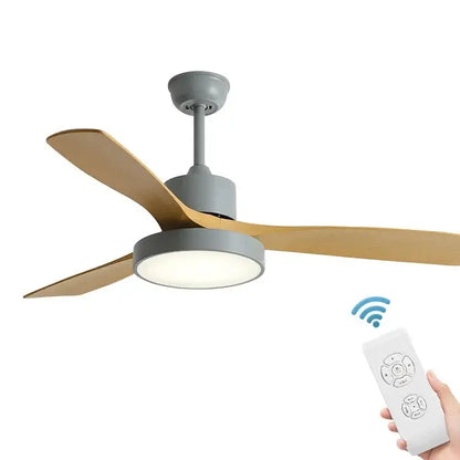 Modern gray and wood-toned ceiling fan with integrated led lighting featuring blade copper motor for bedroom use