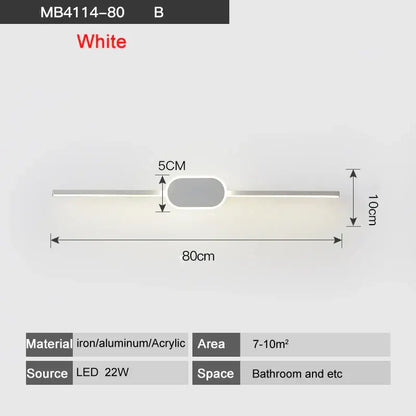 Modern white led wall lamp with sleek elongated rectangular body and central oval accent for bathroom mirrors