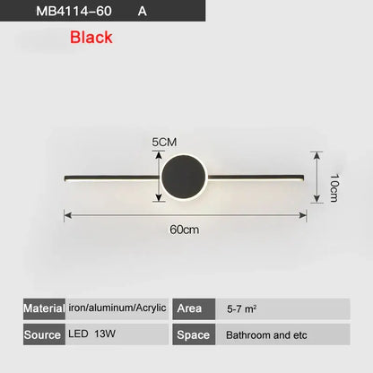 Black modern led wall lamp with sleek horizontal bar and circular accent made of iron aluminum and acrylic for bathroom mirror lighting
