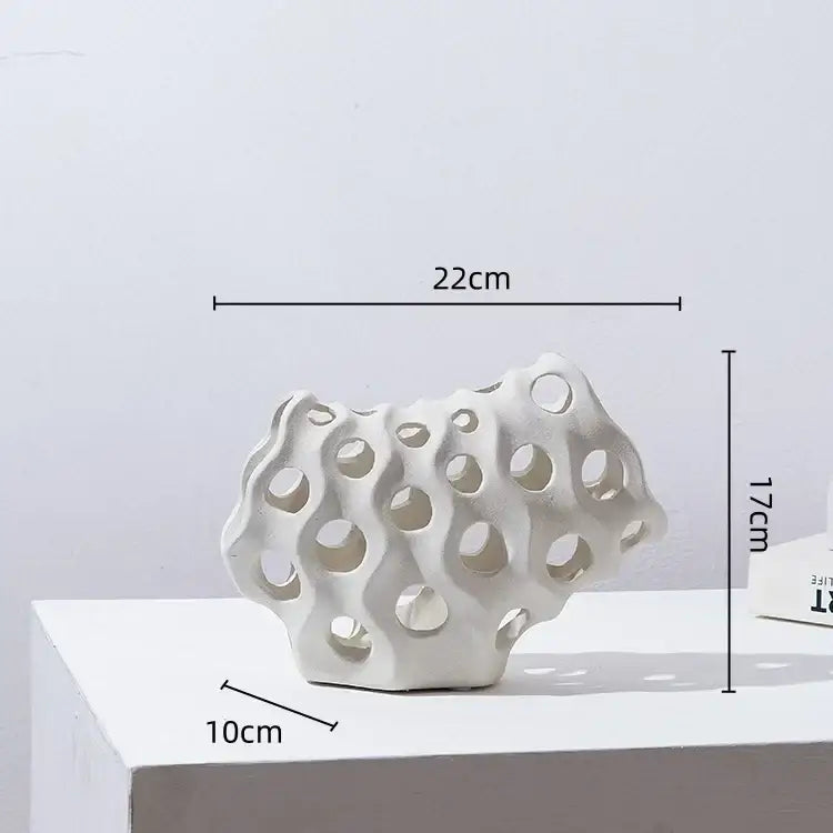 Modern white coral geometric resin sculpture with porous organic design for living room decor