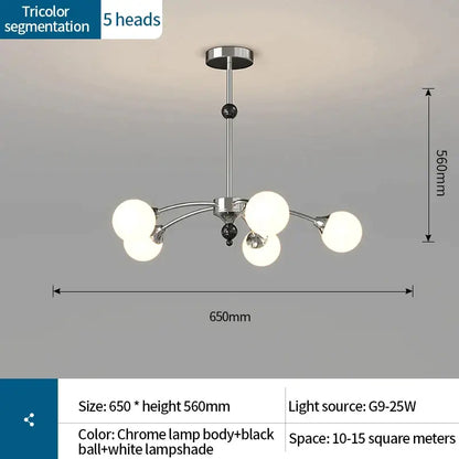 Chrome finished decorbites cream wind chandelier with five white spherical lampshades and black decorative balls
