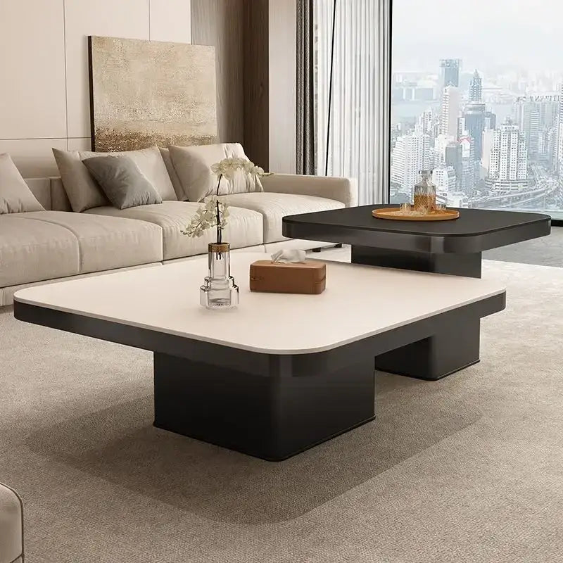 Modern white and black luxury rock square coffee table with a sleek minimalist design for living room use