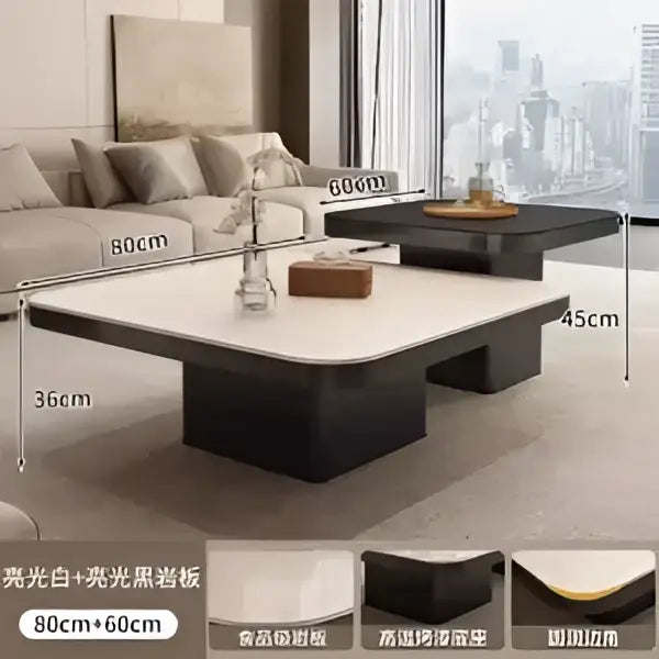 Modern white and black luxury rock square coffee table with sleek white top and dark wood base for living room use