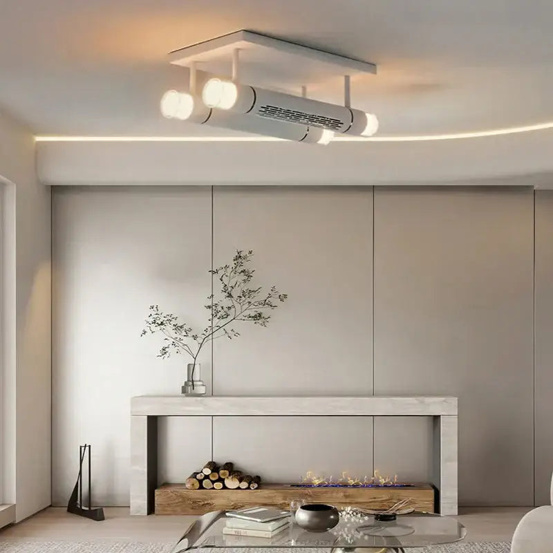 Modern white bladeless ceiling fan with integrated led light and sleek rectangular ceiling light fixture for bedroom