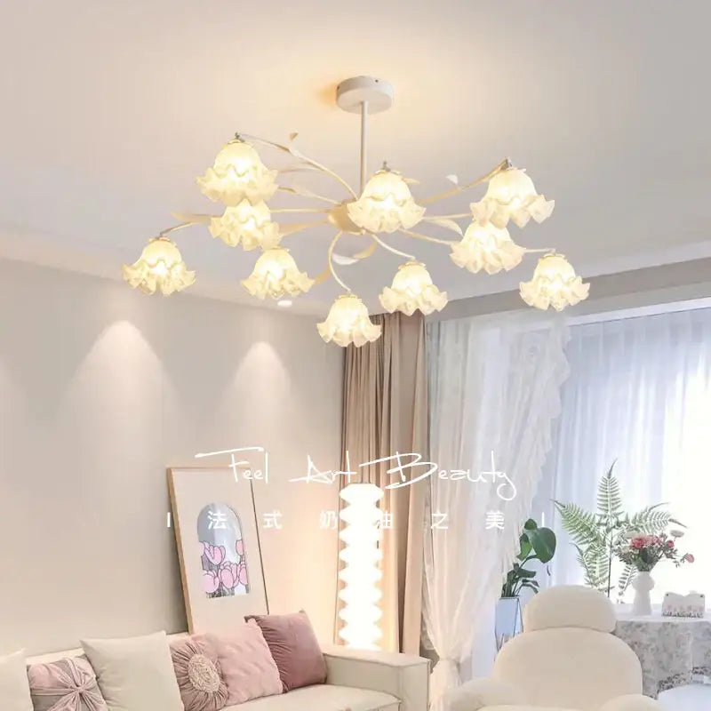 Modern white branch ceiling chandelier with cream flower-shaped shades and slender metallic frame for living room decorbites branch ceiling