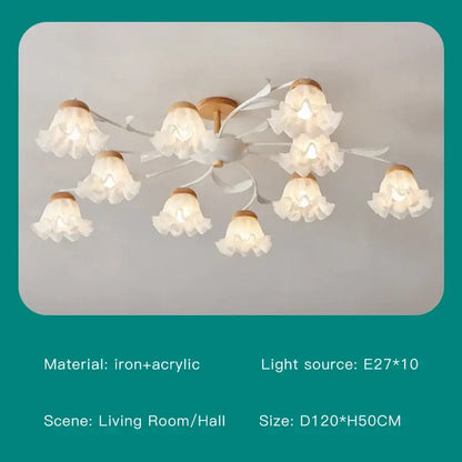 Modern white branch ceiling chandelier with delicate flower-shaped iron acrylic design and gold-toned central base by decorbites branch ceiling