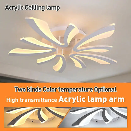 Modern white acrylic led ceiling chandelier with sleek petal-like branch design emitting warm glow for living room